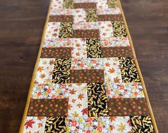 Fall Table Runner 12.5 X 48”, Acorns, Leaves & Flowers, Yellow, Brown, Orange, White, and Gold