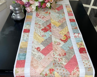 Shabby Sheek Easter, Spring Table Runner, Flowers, Pastel Yellow, Blue, Cream, Gray, Taupe, Pink Herringbone Pattern, Mothers Day Gift#134