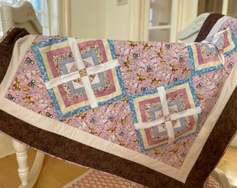 Baby Girl Quilt in Pink, Purple, Blue, with Bunnies, Teddy Bears #81