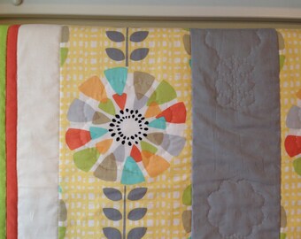 Lap Quilt, Girl, Teen, Tween, Sunglowers, Double Sided, Wall Hanging, Lrg Whimsical Sunflowers, Stripes, Yellow  Gray, Orange, Aqua, Tan #18