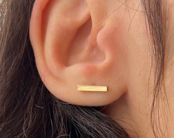 Solid gold bar earrings, Line earrings, Geometric gold earrings, 18 karat simple stud earrings, minimalist studs, 9 k gold bar earrings.