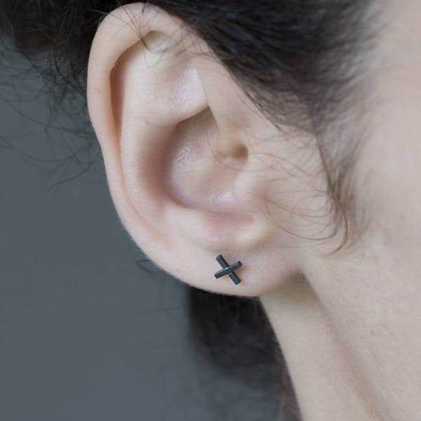 Minimalist Sterling Silver Cross Stud Earrings: Oxidized or Bright Finish