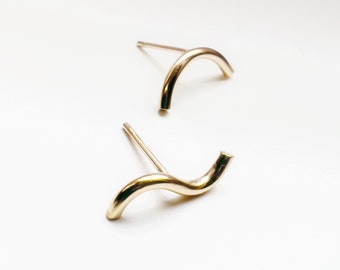 Solid Gold Mismatched Stud Earrings: Wave & Arch Minimalist Jewelry