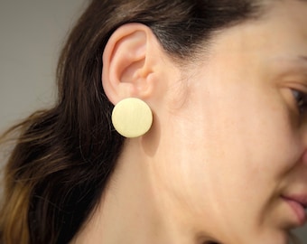 Circle Brass Earrings: Geometric Hammered Disc, Gold Color