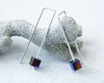 Rainbow hematite silver earrings, minimalist earrings, geometric earrings, modern style earrings