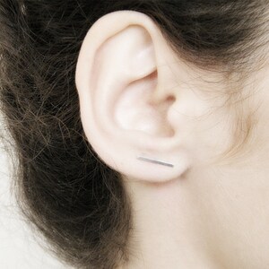 May include: A close-up of a person's ear with a thin silver bar earring.