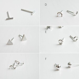 Mismatched earrings, tiny stud earrings, mix and match earrings, mix studs, o studs, triangle studs, ball studs, wave studs, bar tiny studs. image 3