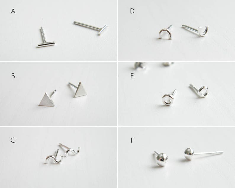 Mismatched earrings, tiny stud earrings, mix and match earrings, mix studs, o studs, triangle studs, ball studs, wave studs, bar tiny studs. image 3