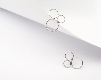 Sterling Silver three circles Studs: bubble earrings. Unique geometric earrings.