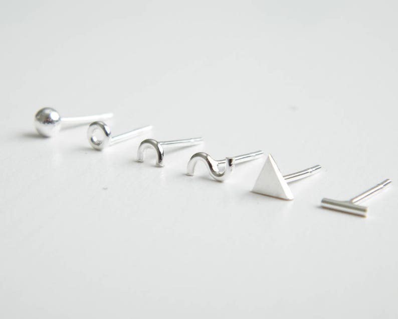 Mismatched earrings, tiny stud earrings, mix and match earrings, mix studs, o studs, triangle studs, ball studs, wave studs, bar tiny studs. image 2