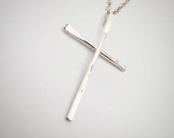 Sterling silver hammered cross necklace. Christian cross.
