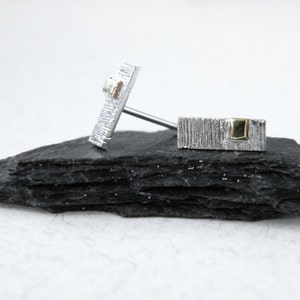 May include: A pair of silver stud earrings with a textured finish and a small gold accent on each earring.