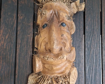 Bamboo root wood African face wall hanging Home or garden decoration ornament Wooden carving.