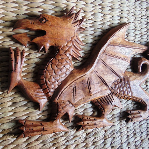 Welsh dragon wood carving Wall hanging decoration 36cm x 25cm