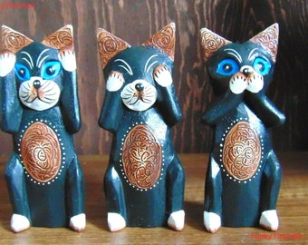 Set of 3 hear speak see no evil wooden cat ornaments Hand carved & painted home decoration gift H15cm
