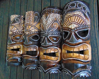 Tiki mask wood carving Hand carved & painted wall hanging wooden ornament 30cm