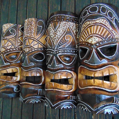 Tiki Mask Wall Hanging Natural Hand Carved Albesia Wood Etsy UK
