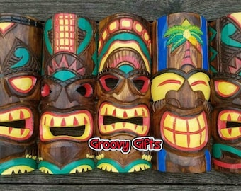 Tiki mask wood carving Hand carved & painted wall hanging wooden ornament 30cm Bright home decoration