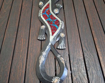 50cm carved wooden Gecko with Glass mosaic inlay Wall hanging ornament decoration
