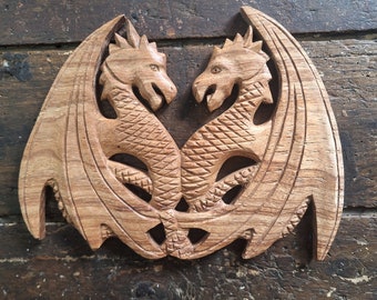 Double dragon wood carving Wall hanging decoration 26 x 20cm