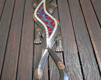 50cm carved wooden Gecko with Glass mosaic inlay Wall hanging ornament decoration