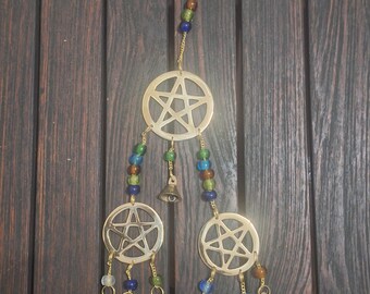 Brass pentagram stars Indian chimes with bells & chakra beads L33cm