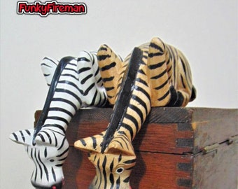 Hand Carved & painted Fair Trade Wooden Shelf sitter sitting novelty ornament Giraffe Zebra gift Bright home decoration