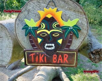 Tiki bar wooden sign Hand carved & painted wall hanging decoration H28 x W27cm
