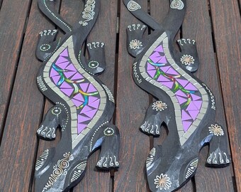 2 x 50cm carved wooden Gecko with Glass mosaic inlay Wall hanging ornament decoration