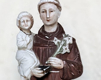 Figura antigua de San Antonio en bisqué. Figura católica de porcelana. Porcelana de colección. Estatua religiosa vintage de gran tamaño.