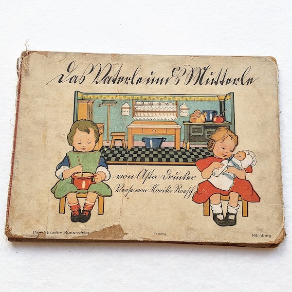 Livre d’enfants antique. livre vintage avec vieille police allemande. Livre d’enfants antiques allemands. Illustration d’Asta Drucker. Livre de poésie pour enfants.