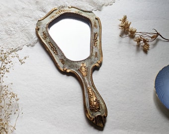 Wooden Florentine Hand Mirror. Vintage Hand carved Wooden Mirror. Antique Italian Florentine carved wood mirror. Gold white Wood mirror.