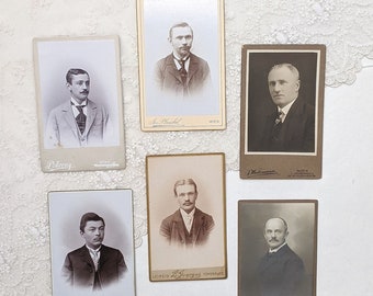 Juego de 6 tarjetas con fotografías antiguas de caballeros. Juego de tarjetas de gabinete de hombres con bigotes. Tarjetas CDV antiguas. Fotografía de tarjeta de gabinete de los años 1800-1900.