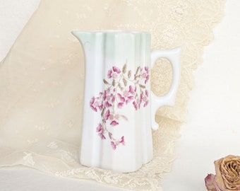 Vintage Porcelain Water Milk Jug with flowers. Antique cottage chic jug. Vintage small Pitcher. White Ceramic vase. Jugendstil porcelain jug