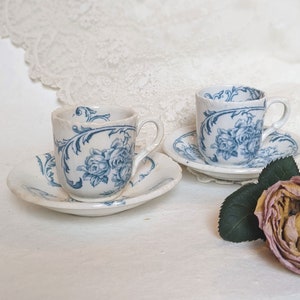 Antique Coffee Cup and Saucer Set. Blue white porcelain with flower motif. Espresso Cups Set. BWM & Co Cauldon England Porcelain Coffee Set.