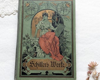 Rare Antique German book. Art deco book old german font. Old book shelf decor. Antique illustrated german book Schillers Werke, Volume II