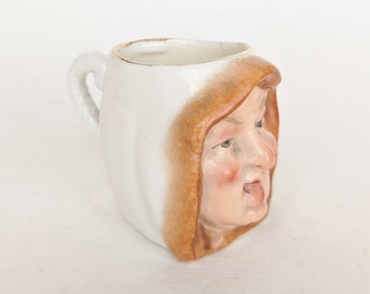 Rare Vintage Face Cup Mug. Porcelain espresso cup with face. Miniature Toby jug cup. Antique Toby mug Monk.