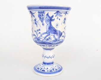 Vintage Ceramic Goblet. Antique cottage chic porcelain goblet. Ceramic cup. Small ceramic vase hand painted. Goblet in blue and white.