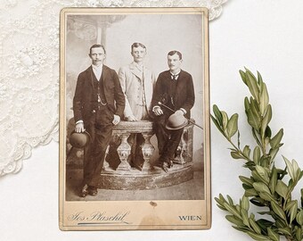 Caballero antiguo Tarjeta de fotografía. Tres jóvenes Tarjeta del gabinete. Tarjeta cdv antigua. Fotografía de la tarjeta del gabinete de 1800 - 1900. Tarjeta Jugendstil.