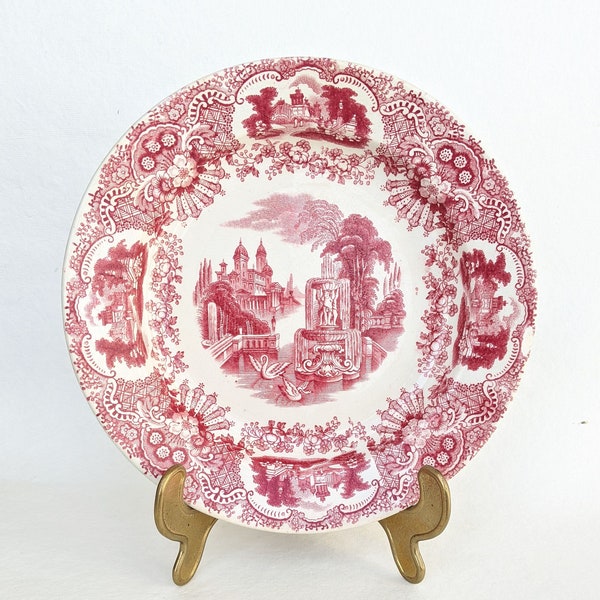 Vintage porcelain plate La Cartuja Sevilla Pickman. Collection porcelain plate. Large Red and white porcelain plate. Cottage chic kitchen.