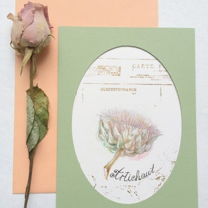 Carte postale d'art avec illustration botanique - Artichaut - Aquarelle peinte à la main Carte avec cachet ancien estampé à la main. Carte OOAK.