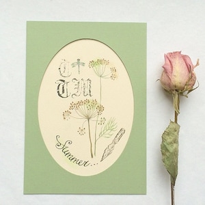 Cartolina d'arte con illustrazione botanica - Estate - Carta dipinta a mano ad acquerello con timbro antico timbrato a mano. Carta OOAK.