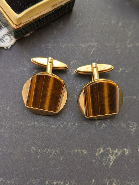 Boutons De Manchettes Dorés Vintage Avec Pierres Marron - Paire - Occasion En Très Bon état