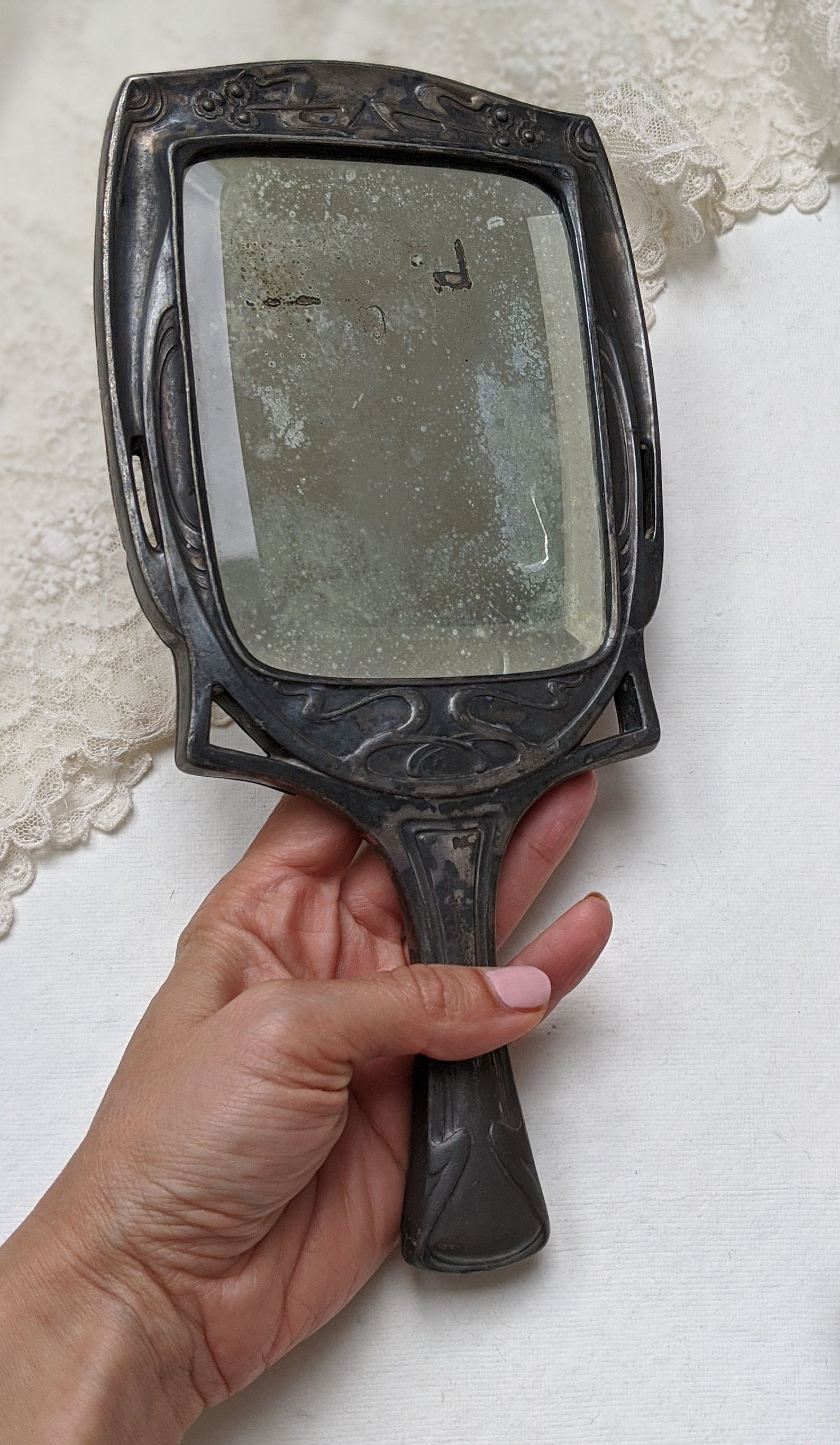 Antique Rare Art Deco Hand Mirror. Antique Argentor Mirror. Small
