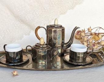 Antique Art Deco Coffee Set. Antique Art Deco Mocca Set. Vintage Coffee Set silver plated. Art Deco Coffee Pot, Sugar, coffee cups, tablet