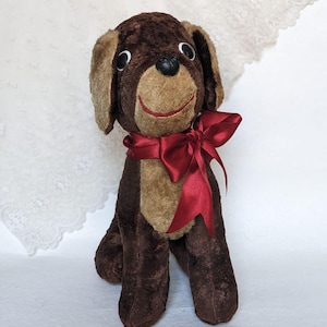 Cute vintage Dog toy. Vintage sitting stuffed plush dog. Vintage stuffed smiling dog toy from 1970-1980
