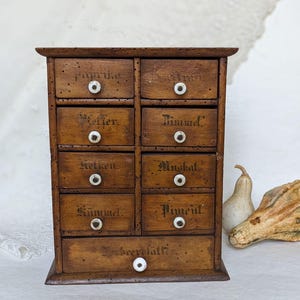 Antique wooden spice Cabinet. Wonderful Vintage wood Cabinet with 9 drawers. Antique spice rack with drawers. Antique Hobby supplies cabinet