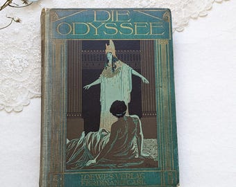 Rare Antique German book. Art deco book old german font. Old book shelf decor. Antique illustrated german book Odyssee Homer