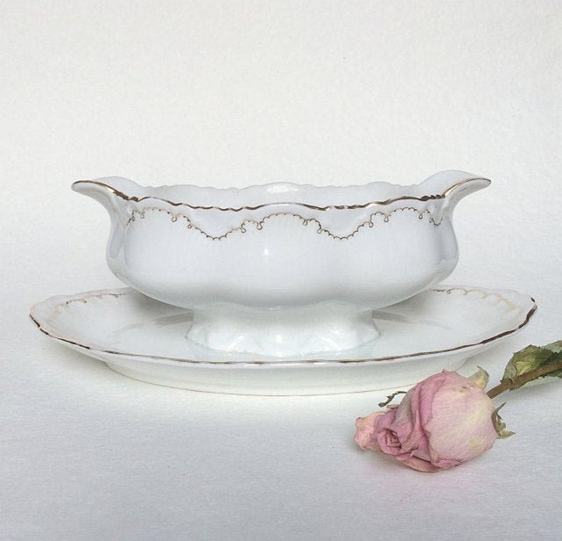 White Porcelain Gravy Boat With Gold Borders. Antique Bohemia Etsy