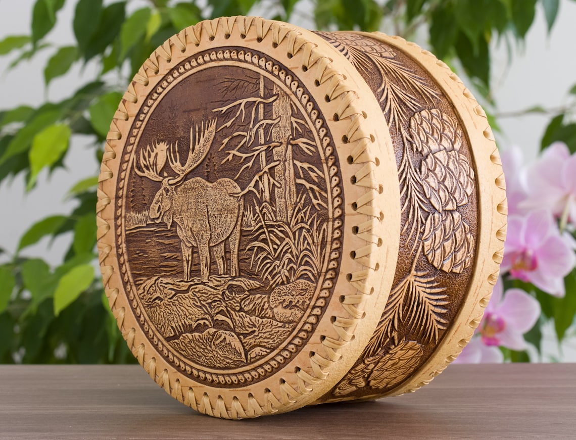 Carved Large Round Birch Bark Box Russian Art Beige Brown Etsy